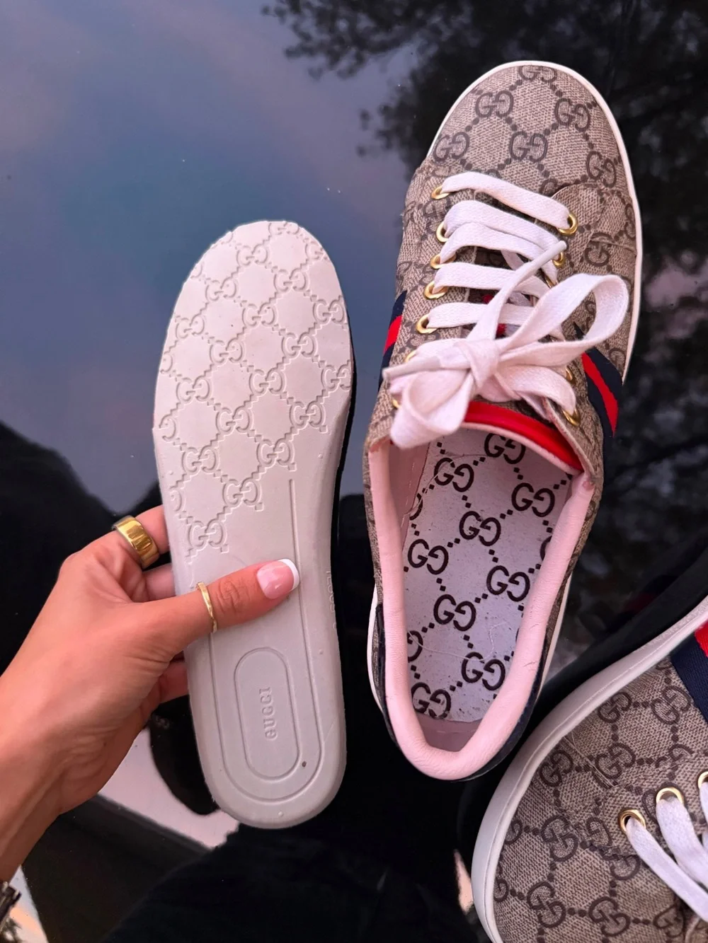 Gucci Beige GG Supreme Sneakers with Red & Blue Web Stripe